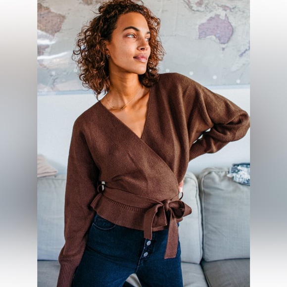 Lulus Sweet and Sophisticated Brown Knit Faux-Wrap Sweater - Picture 3 of 6